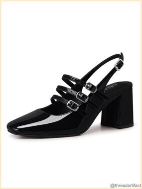 Women's Slingback Chunky Heel Pump Faux Leather Square Toe